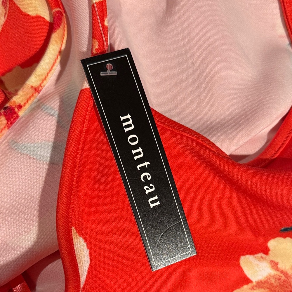 Monteau Red Halter Mini Dress with Cream Floral Print - Picture 4 of 4